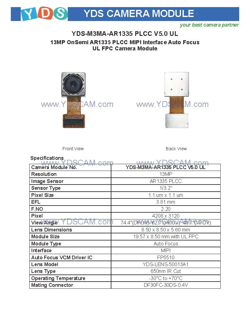 Yds-M3ma-Ar1335 Plcc V5.0 UL 13MP Ar1335 Plcc Mipi Interface Auto Focus UL FPC Camera Module