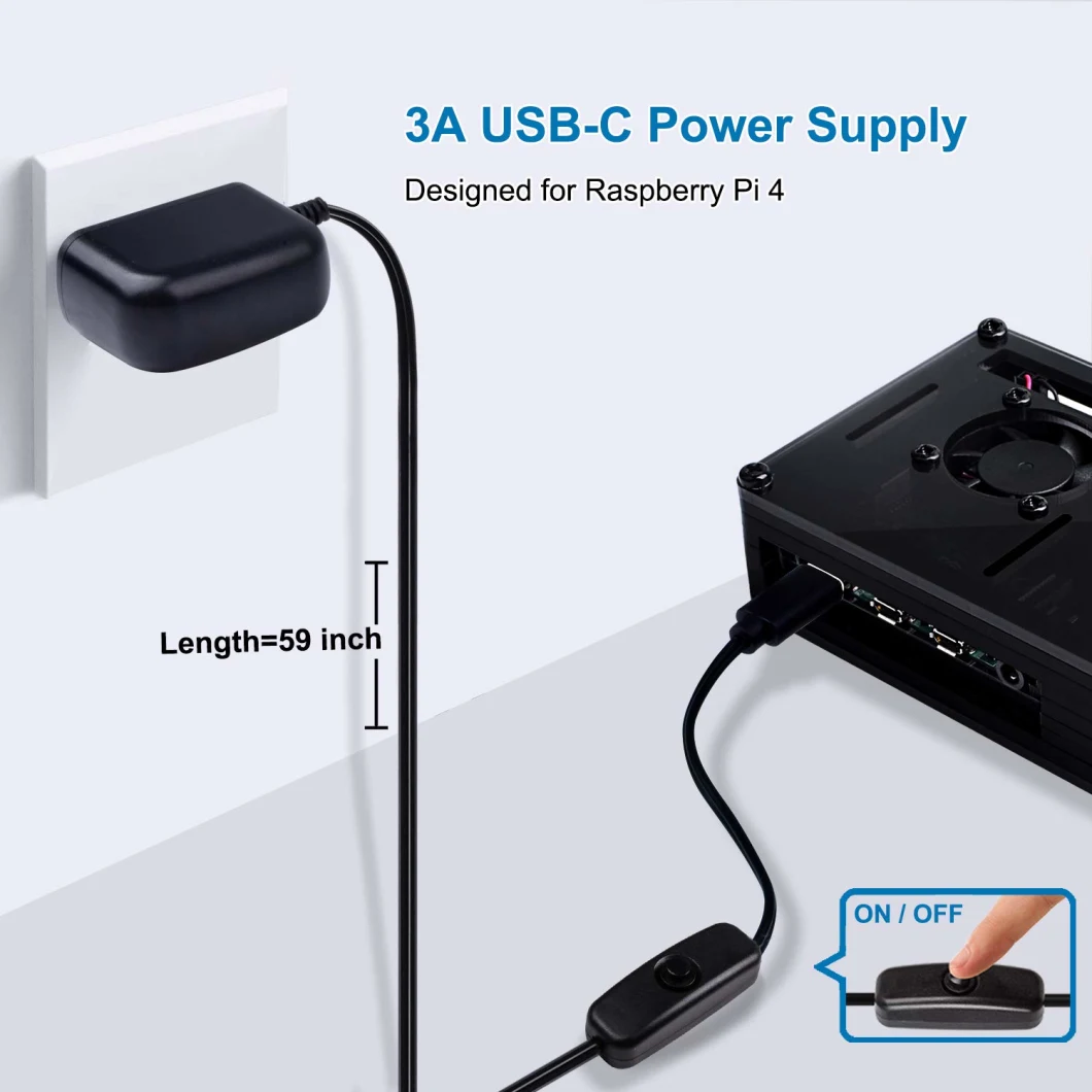 Compatible with Raspberry Pi 4 Case, Acrylic Case with Cooling Fan, 4PCS Heatsinks, 5V 3A USB-C Power Supply